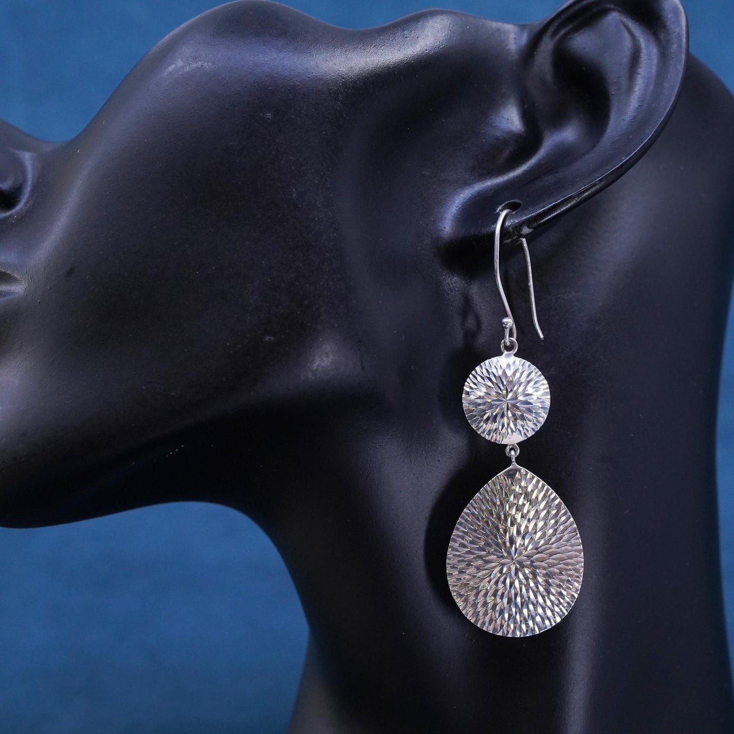 Vintage sterling silver handmade earrings, textured 925 teardrop drops