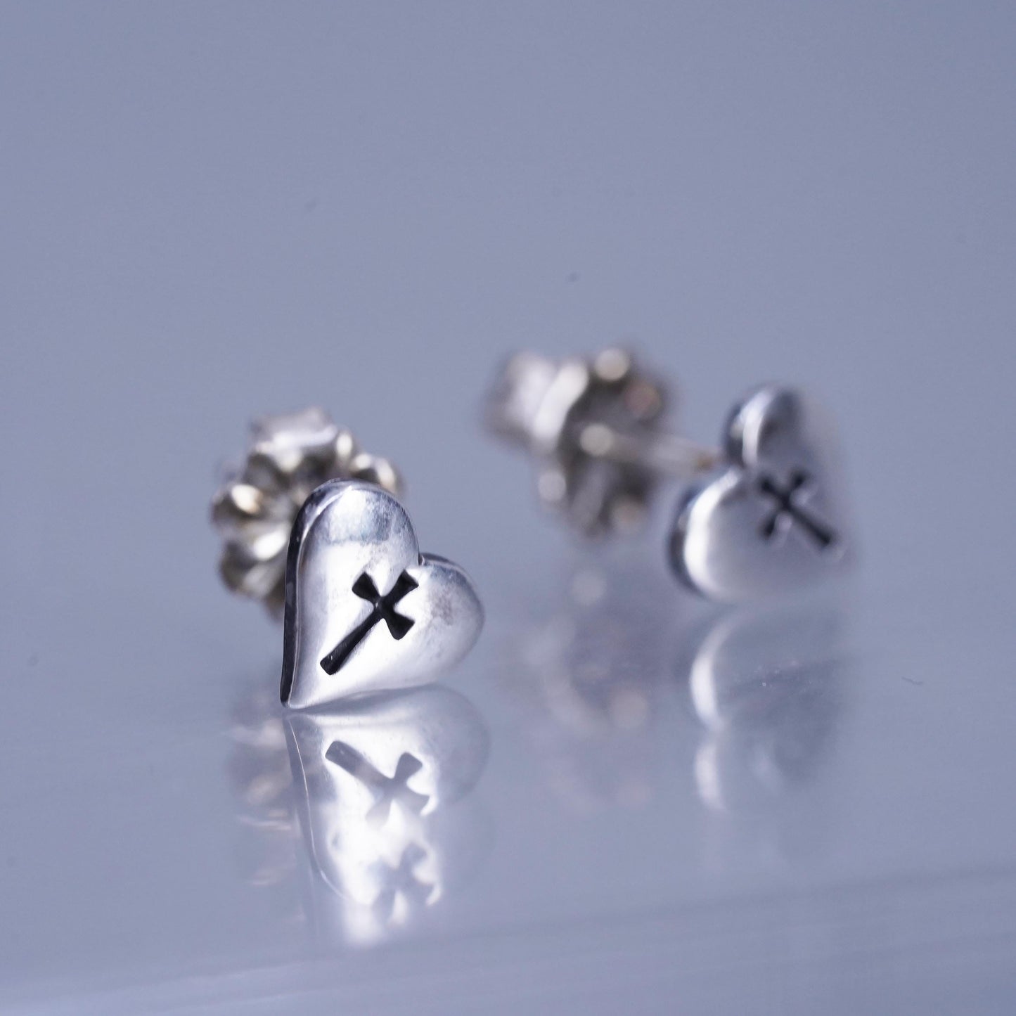 Vintage Sterling 925 silver handmade heart earrings, studs with cross embossed