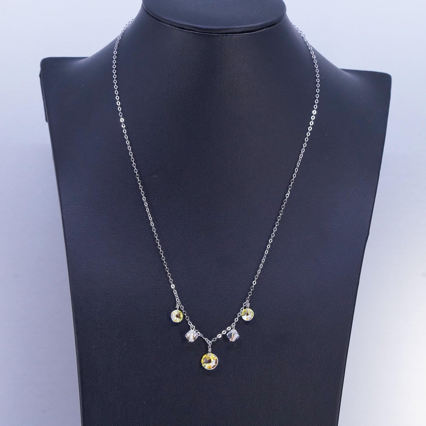 18", Vintage Sterling necklace, 925 Silver circle chain AB Crystal charms