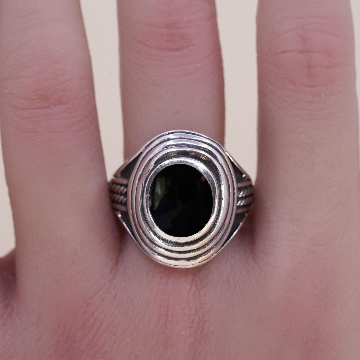 Size 12.25, Vintage sterling 925 silver statement handmade ring with oval onyx