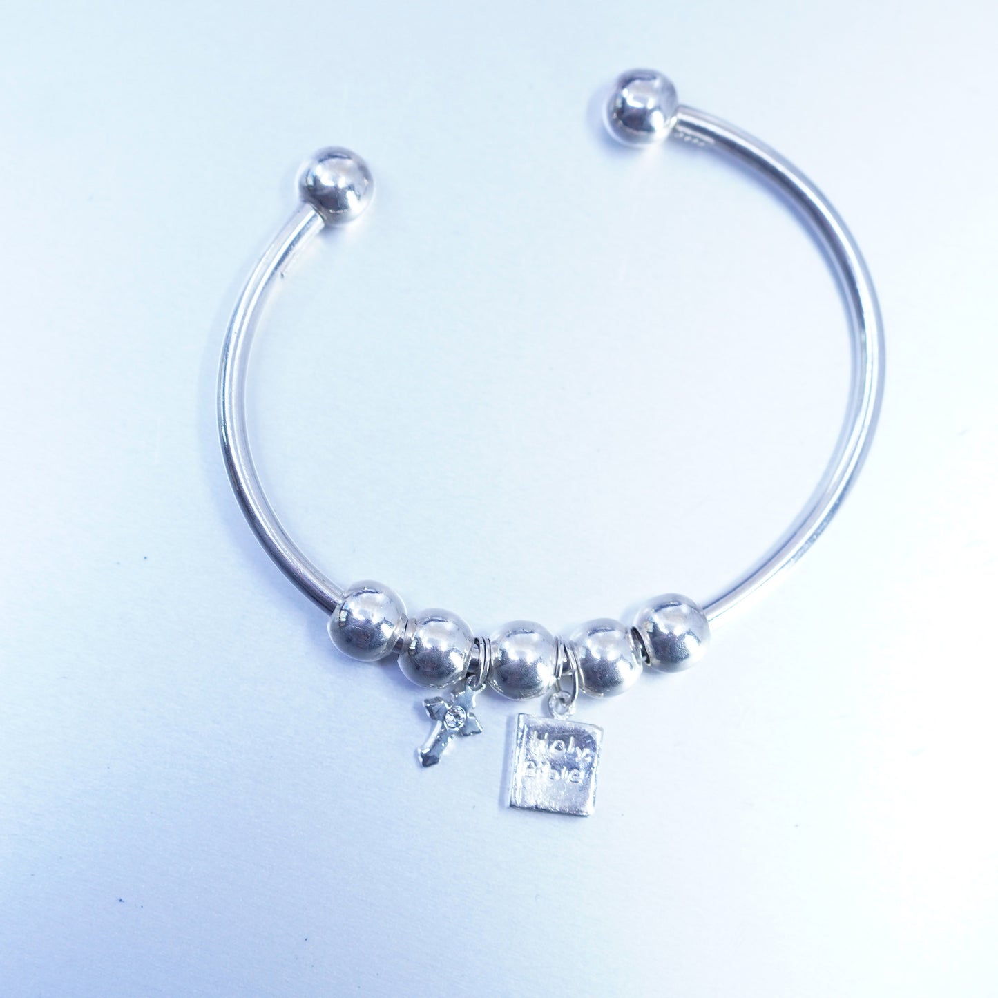 6.75”, Sterling 925 silver charm cuff bracelet with end, bible book and cross