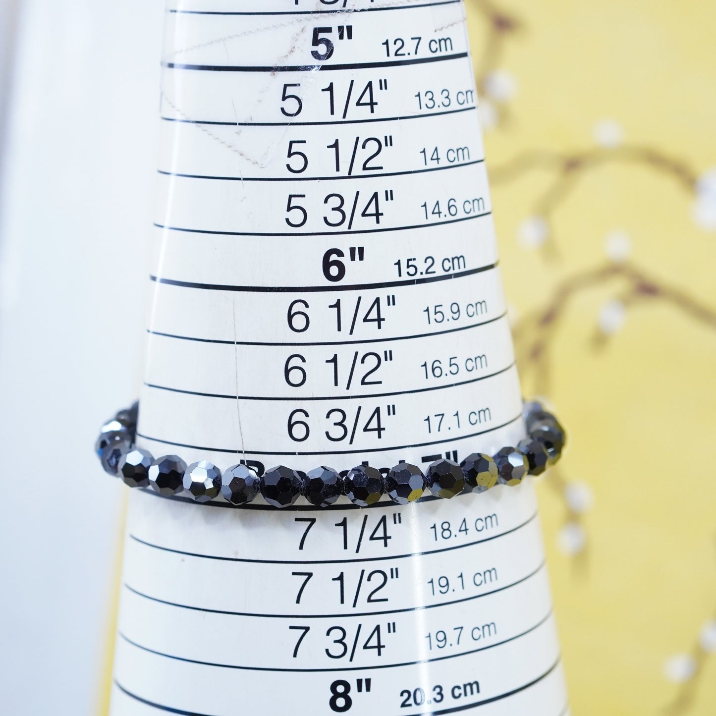 7”, vintage Sterling 925 silver beads bracelet with black crystal