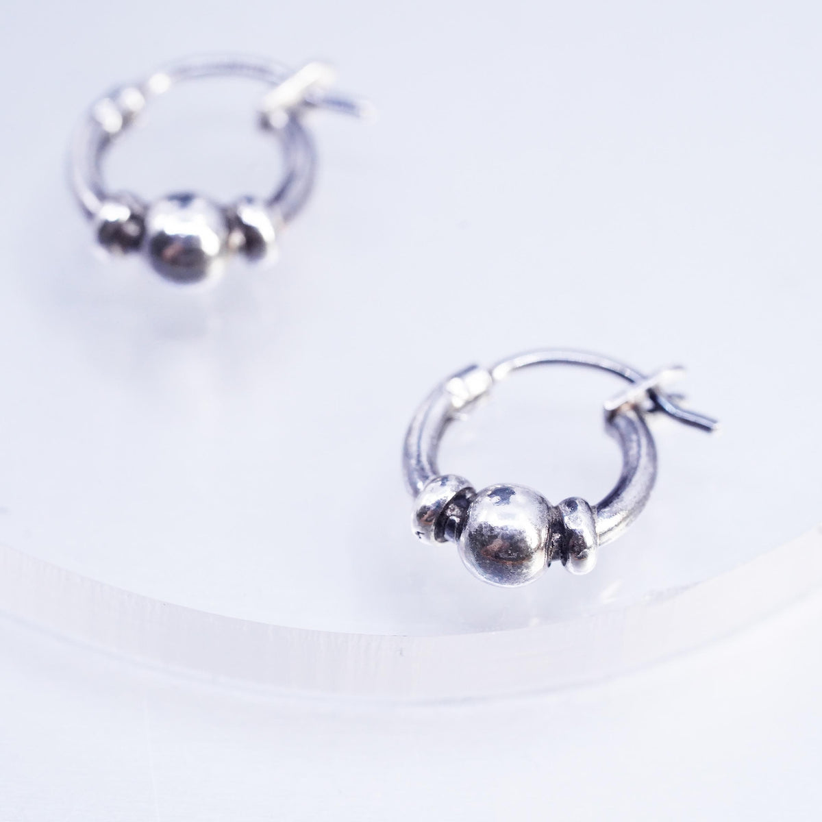 10mm, vintage Sterling silver handmade earrings, 925 Huggie hoops with bead
