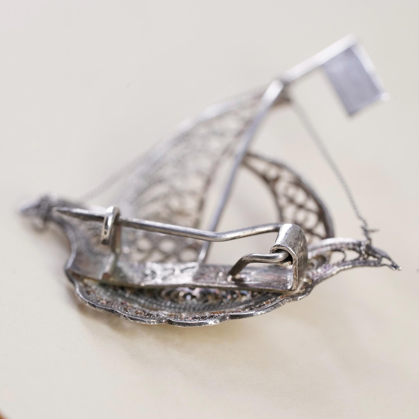 Sterling Silver Filigree Sailboat Brooch, 925 Maritime Ship Pin Sailing Yacht