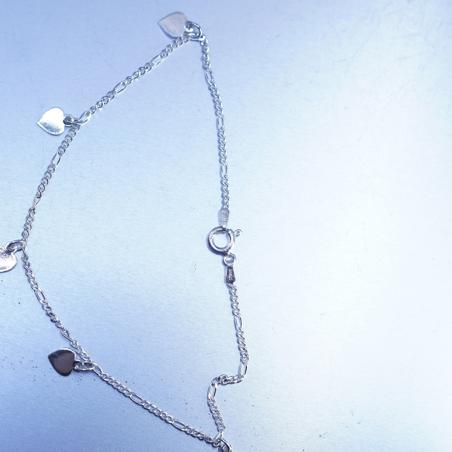 9” 2mm, vintage Sterling 925 silver figaro bracelet anklet with heart charms