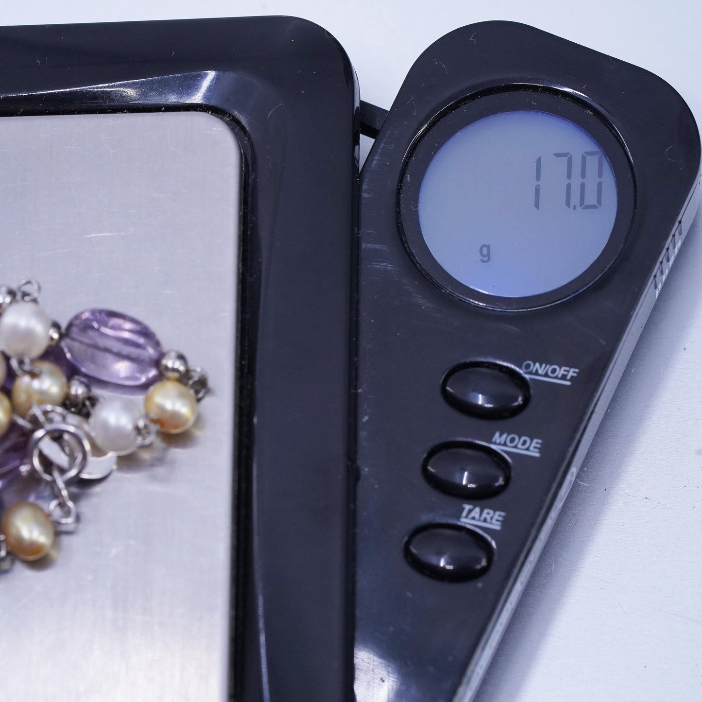 16", Sterling 925 silver necklace with pearl beads and nugget amethyst pendant