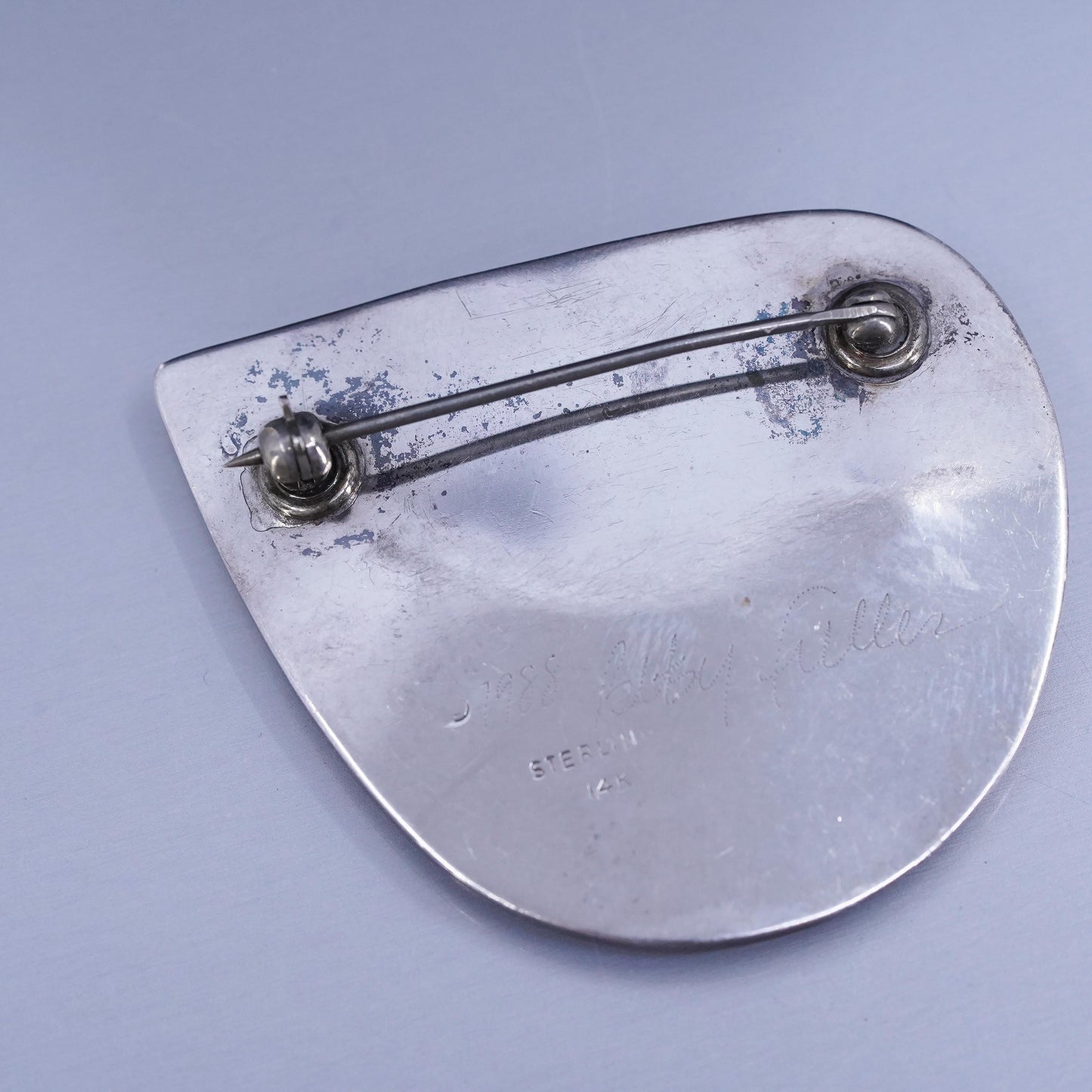 Vintage sterling silver handmade brooch, 925 leaf pin with 14K gold trim