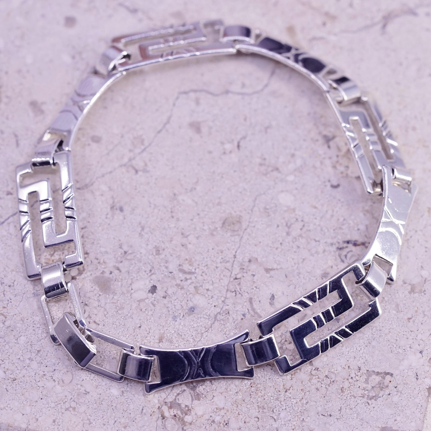 7.5”, vintage Sterling silver tennis bracelet, 925 Greek key patterned link