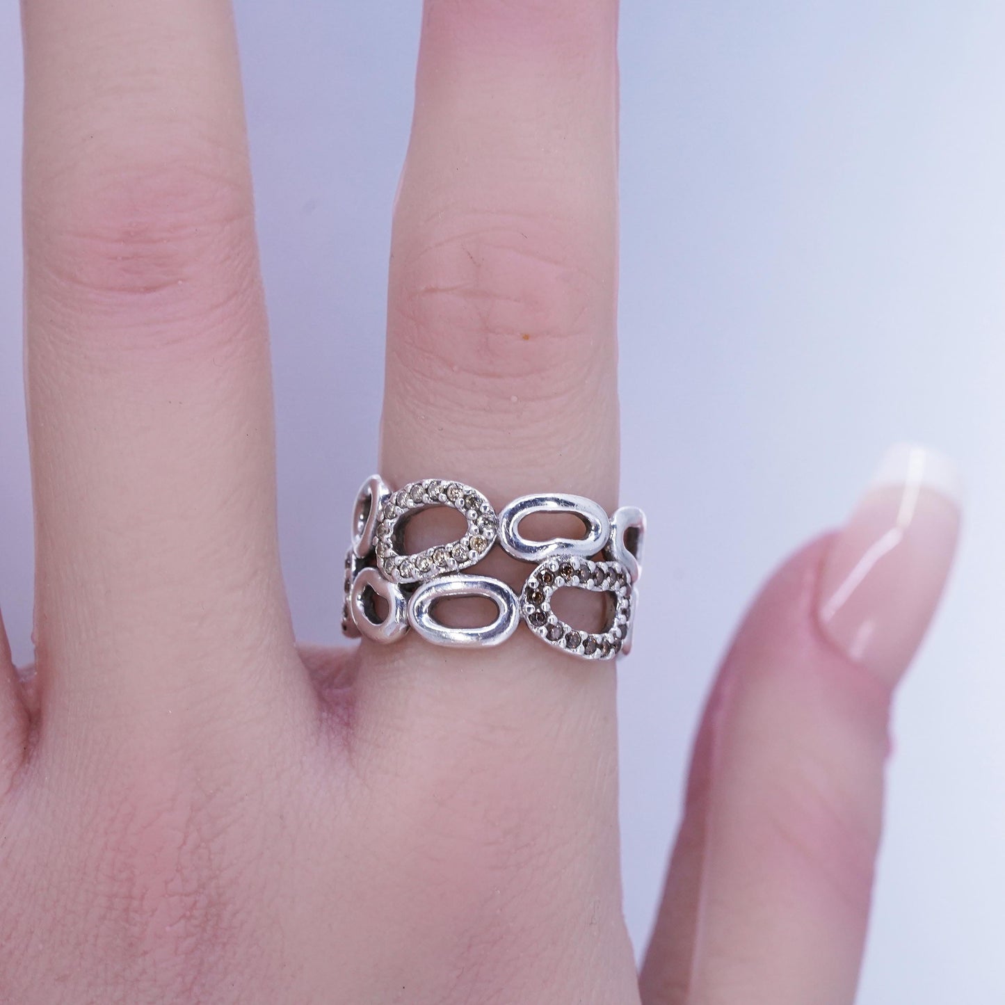 Size 6, vintage ALE Sterling 925 silver entwined ring with cluster cz, band