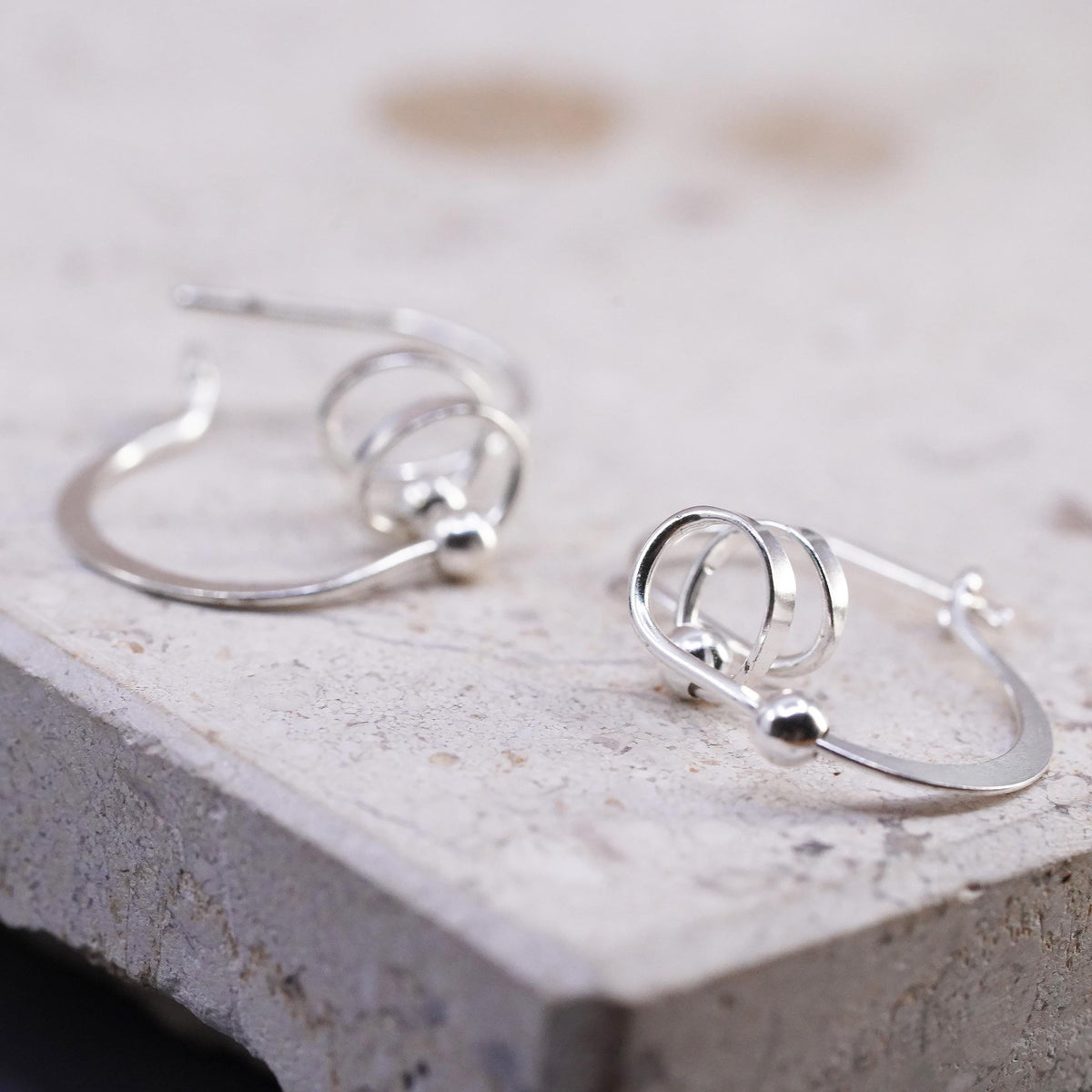 1", vintage Sterling silver handmade hoop earrings, 925 huggie hoops with beads