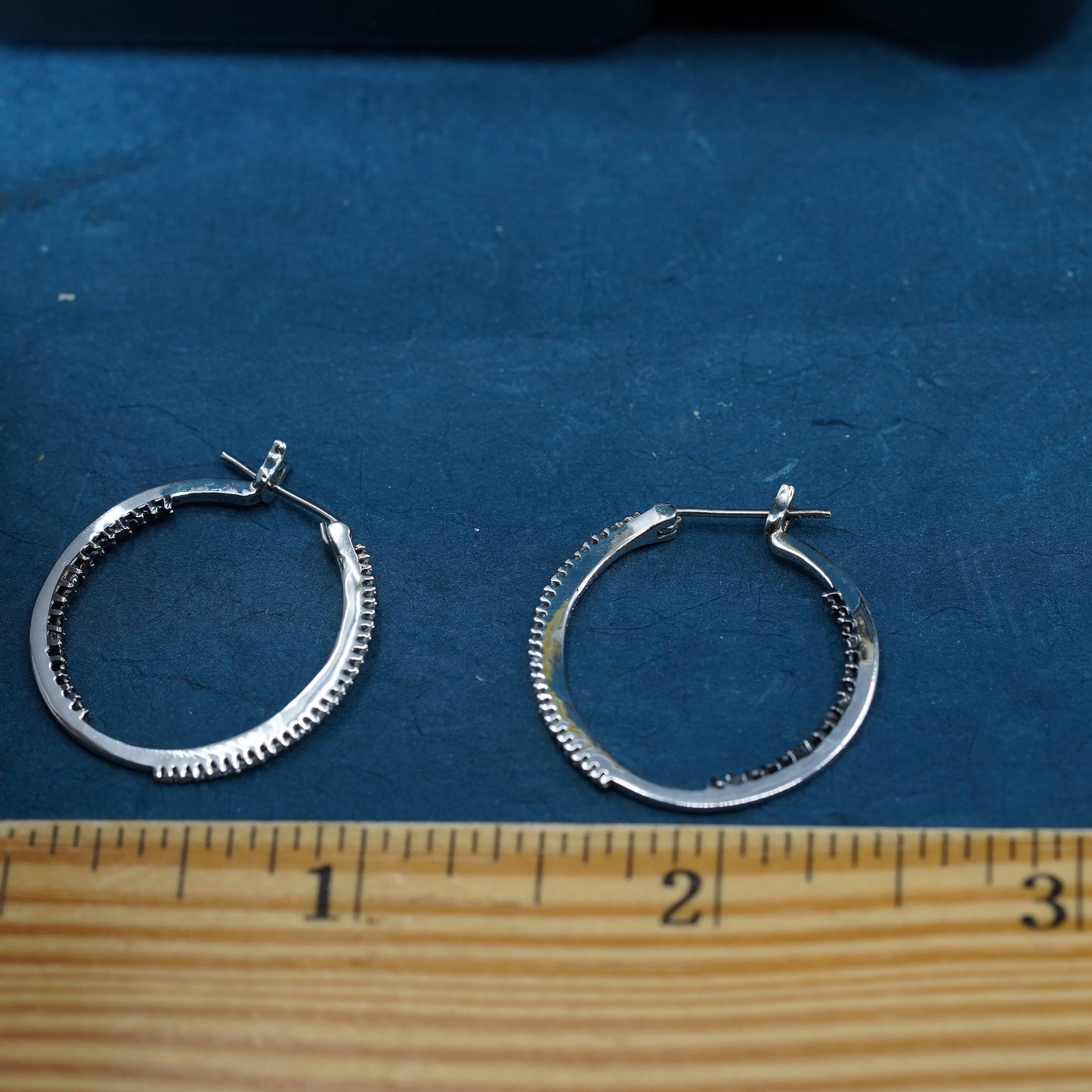 1”, Vintage Sterling silver earrings, 925 hoops, huggie with cluster diamond