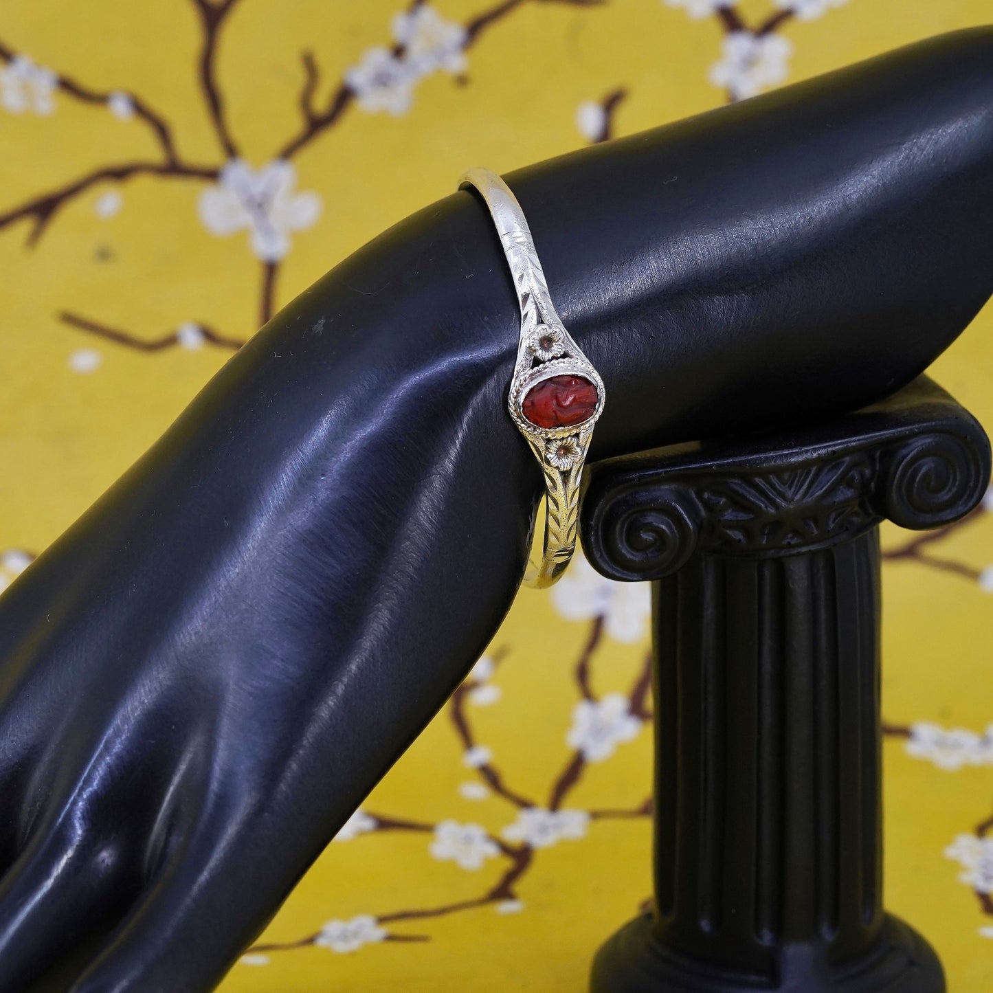 Vintage Sterling silver handmade bracelet, 925 baby bangle with carved cinnabar