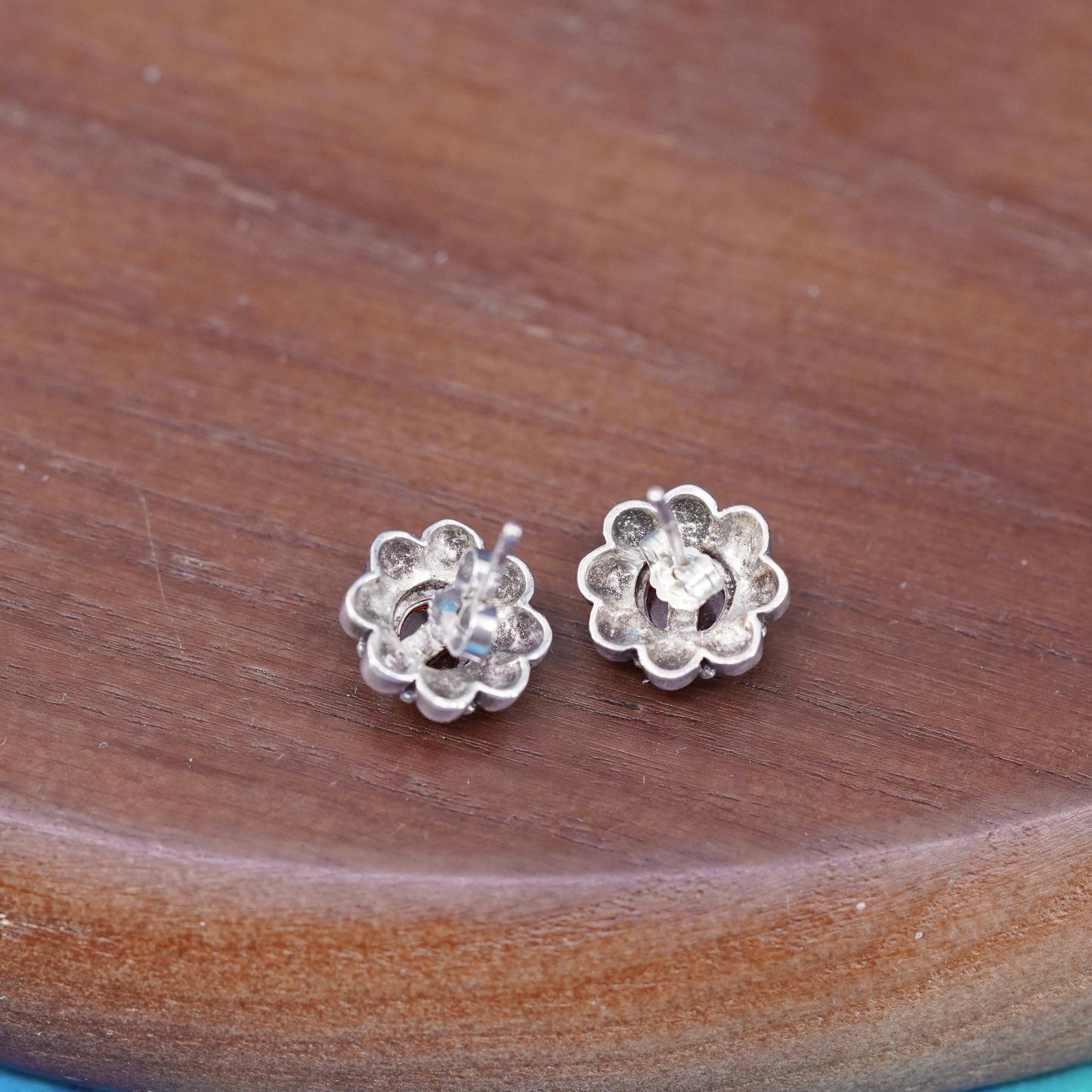 Vintage Sterling silver handmade earrings, 925 silver studs with garnet