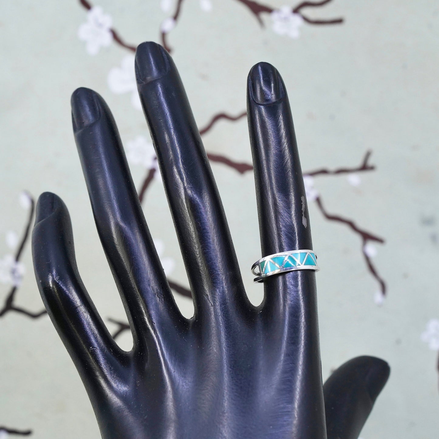 Size 6, Jason & Pearl Sterling silver ring, 925 zig zag band turquoise, Zuni