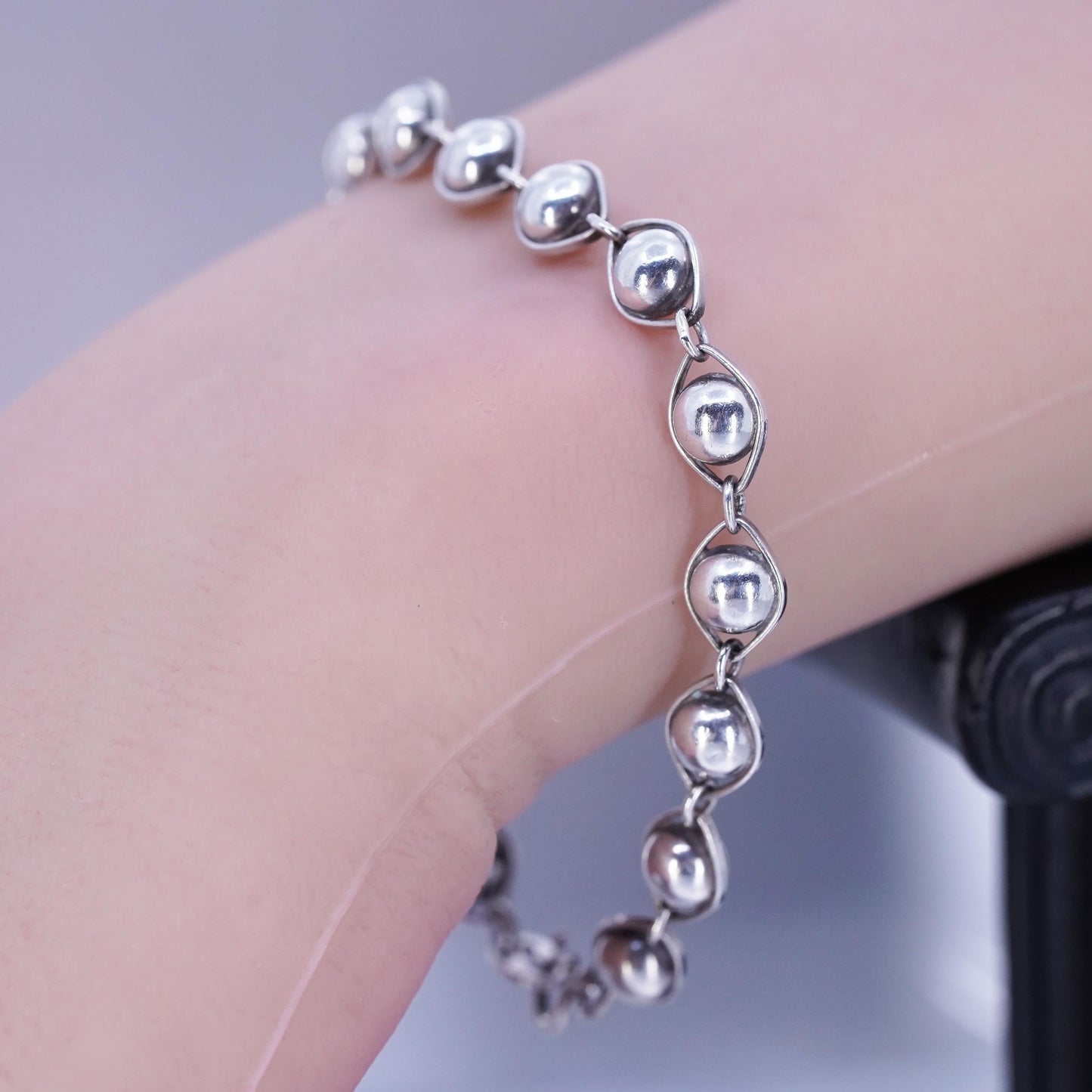 6.75”, Vintage Sterling 925 silver handmade bracelet, chain with 6mm beads