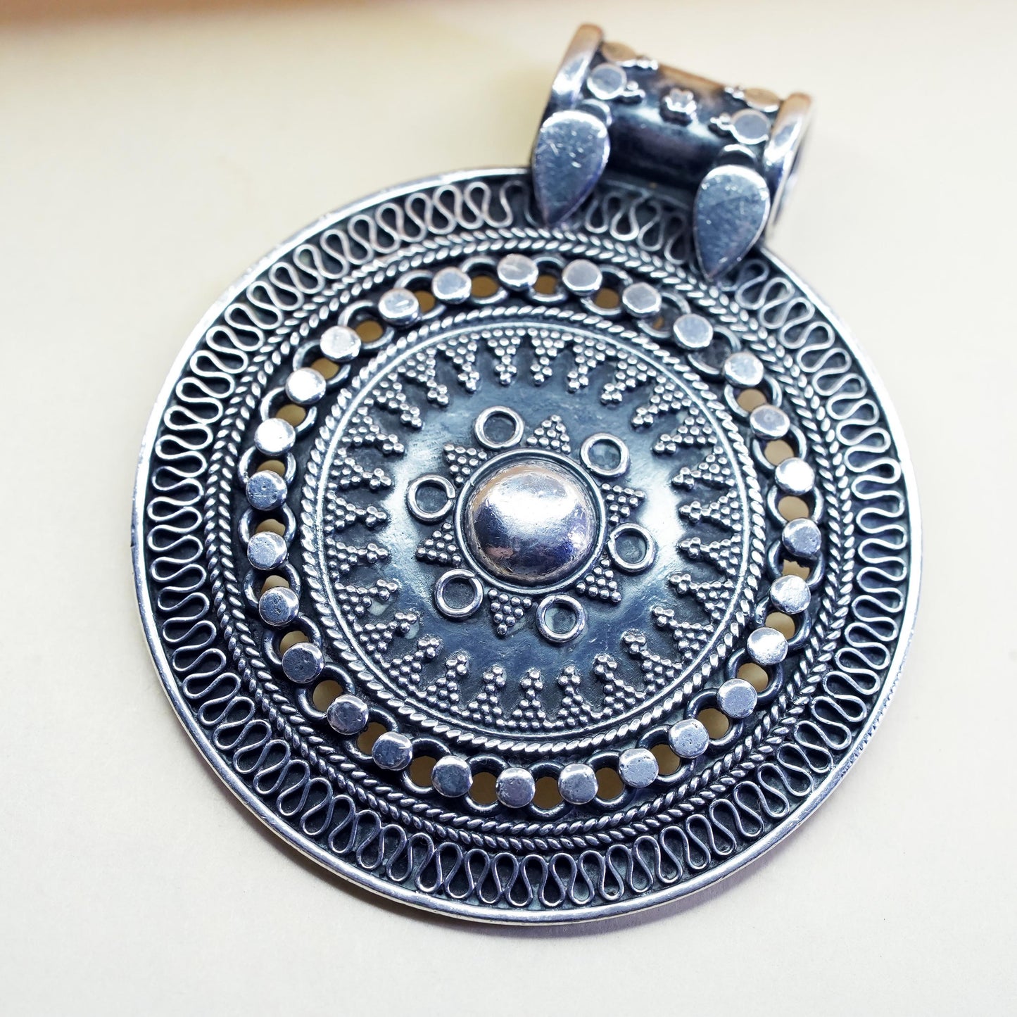 vintage sterling silver handmade huge pendant, 925 filigree Bali circle