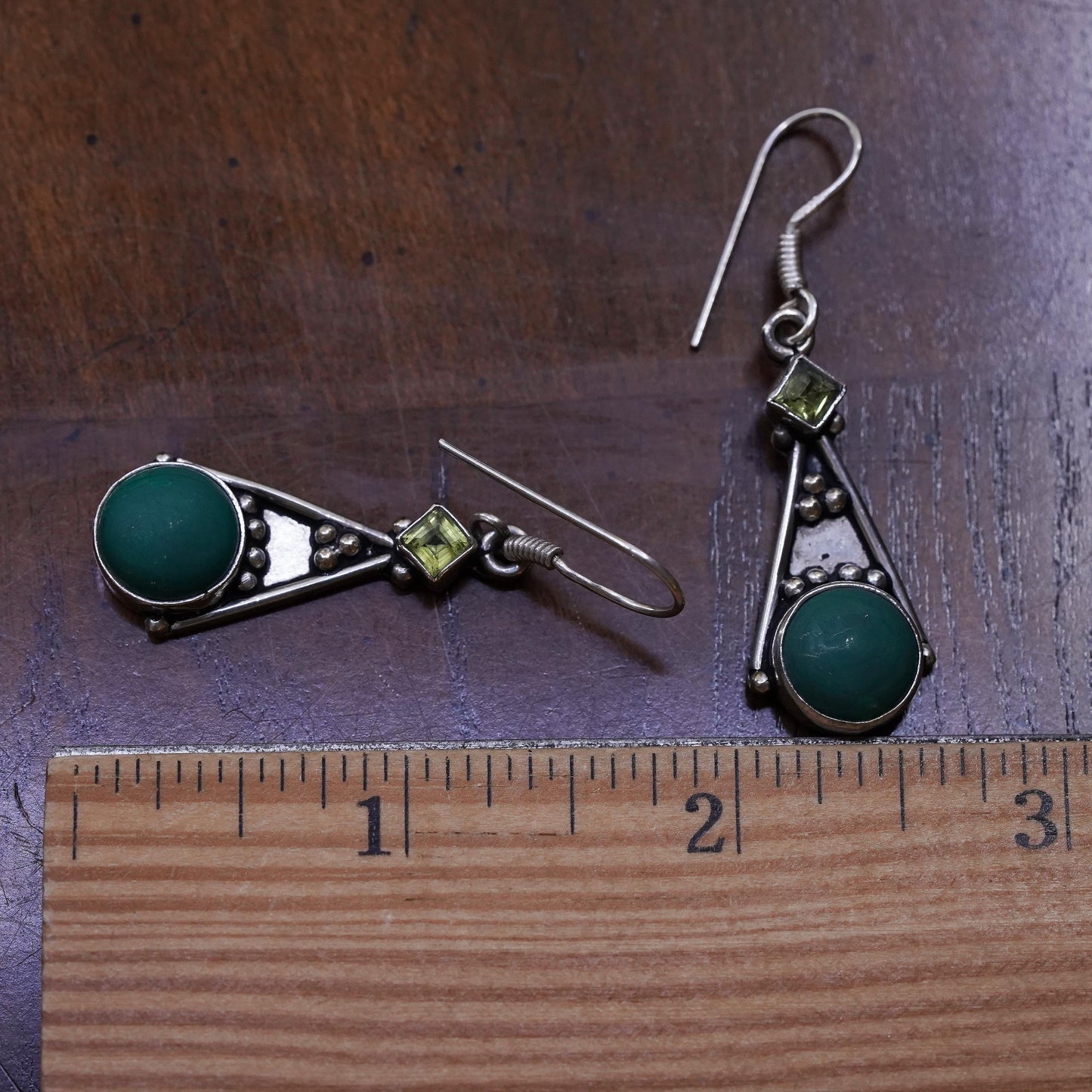 Vintage Sterling 925 silver handmade teardrop earrings with turquoise peridot