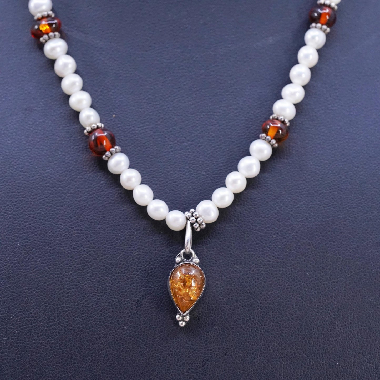 18", Sterling 925 silver necklace with freshwater pearl amber teardrop pendant