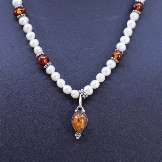 18", Sterling 925 silver necklace with freshwater pearl amber teardrop pendant