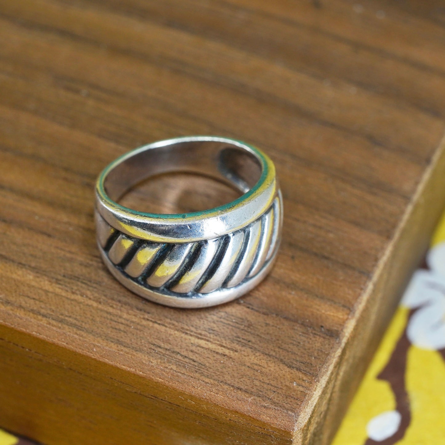 Size 7, VTG Mexico sterling silver handmade ring, 925 ribbed band, minimalist