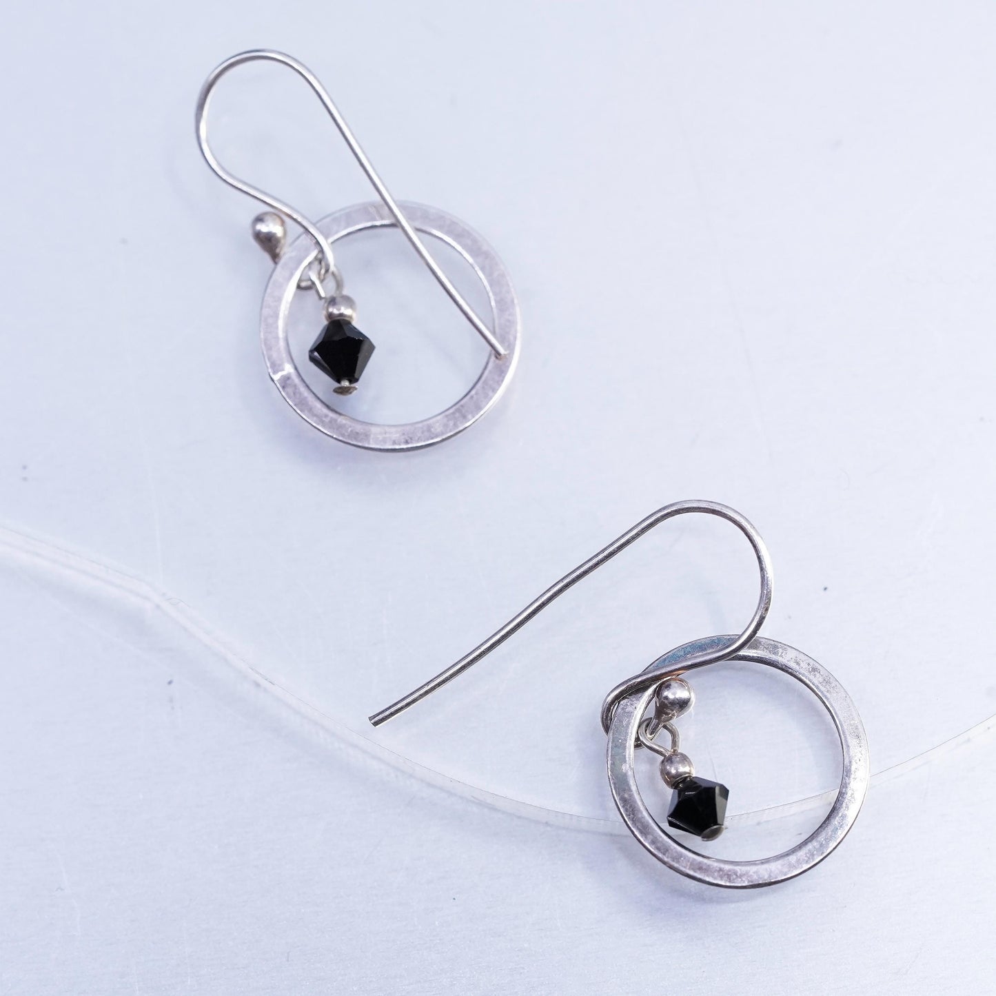 Vintage Sterling silver Handmade earrings, 925 circle with onyx bead dangles