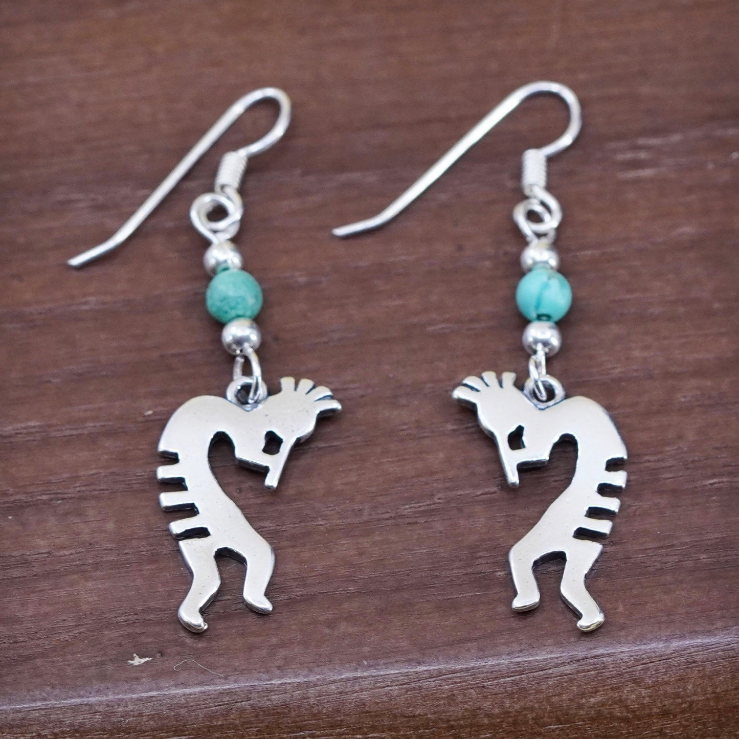 Native American Sterling silver earrings, 925 Kokopelli drops w/ turquoise bead