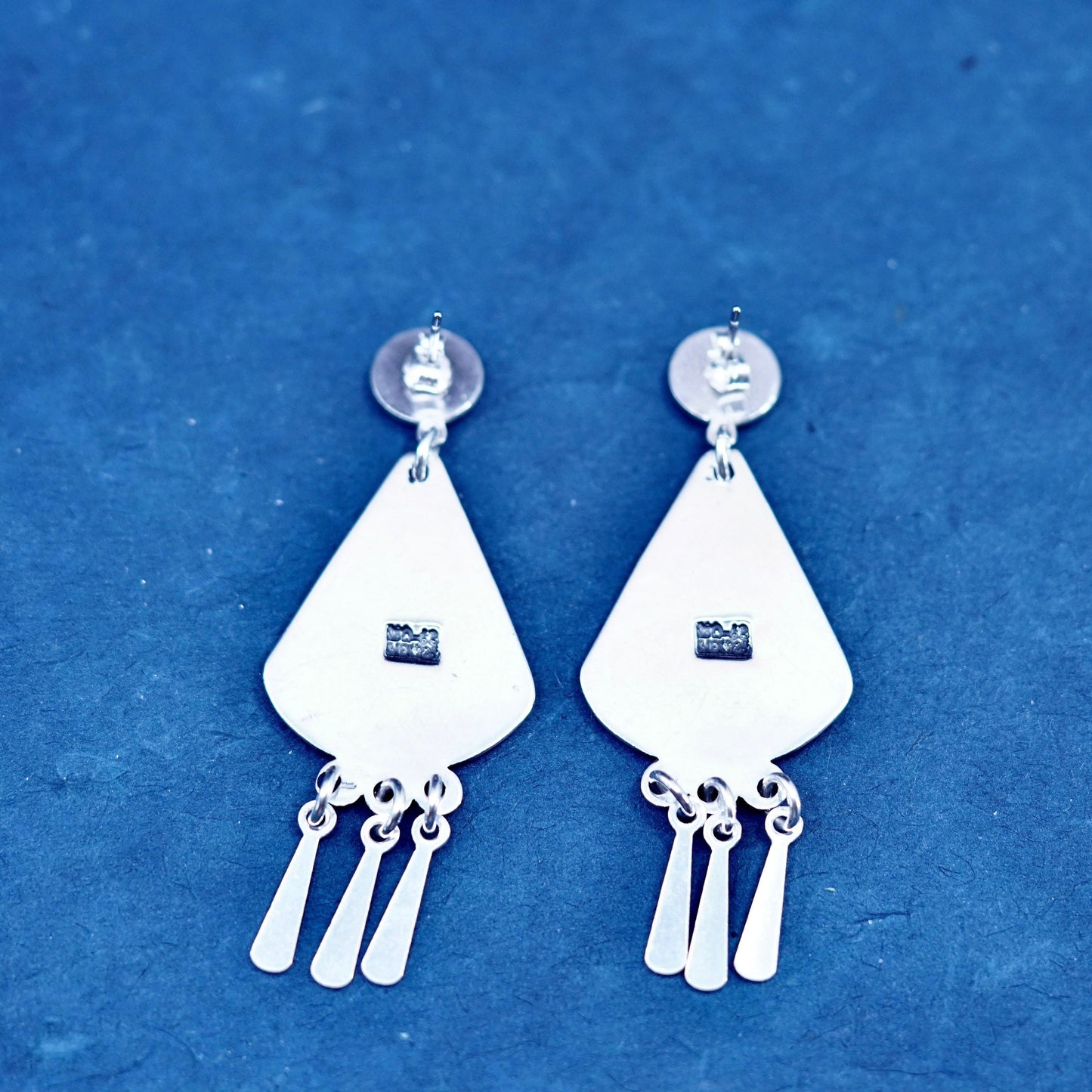 Mexico Sterling Silver Earrings 925 teardrop embossed mayan calendar and fringe