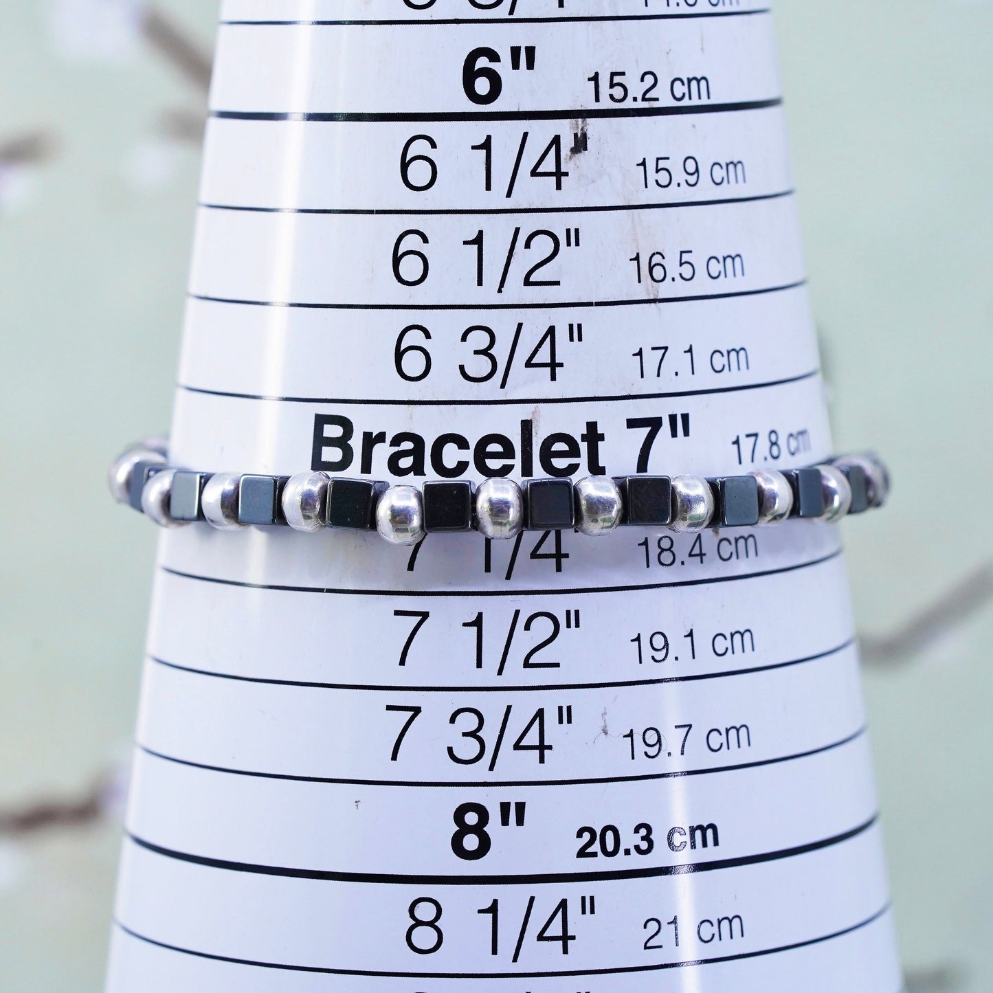 7”, Vintage handmade bracelet, hematite cubes with 925 silver beads chain