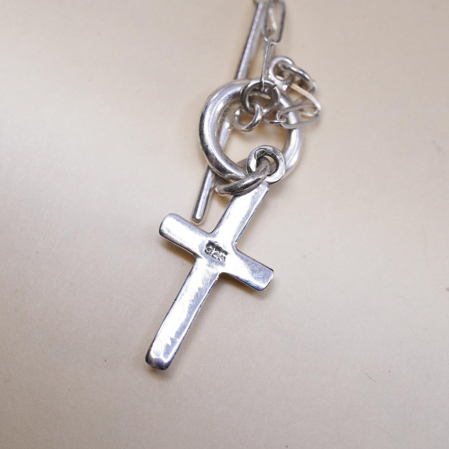 20”, sterling 925 silver necklace, cross pendant elongated chain toggle closure