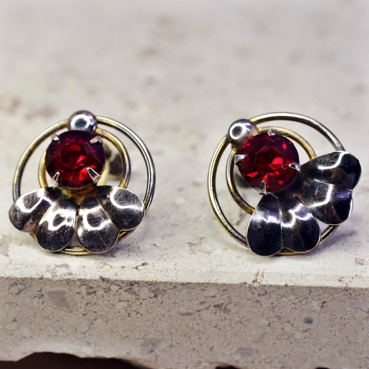 Vintage gold plated Sterling 925 silver screw back earrings with red Rhinestone