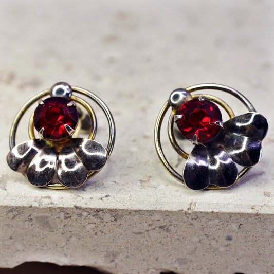 Vintage gold plated Sterling 925 silver screw back earrings with red Rhinestone