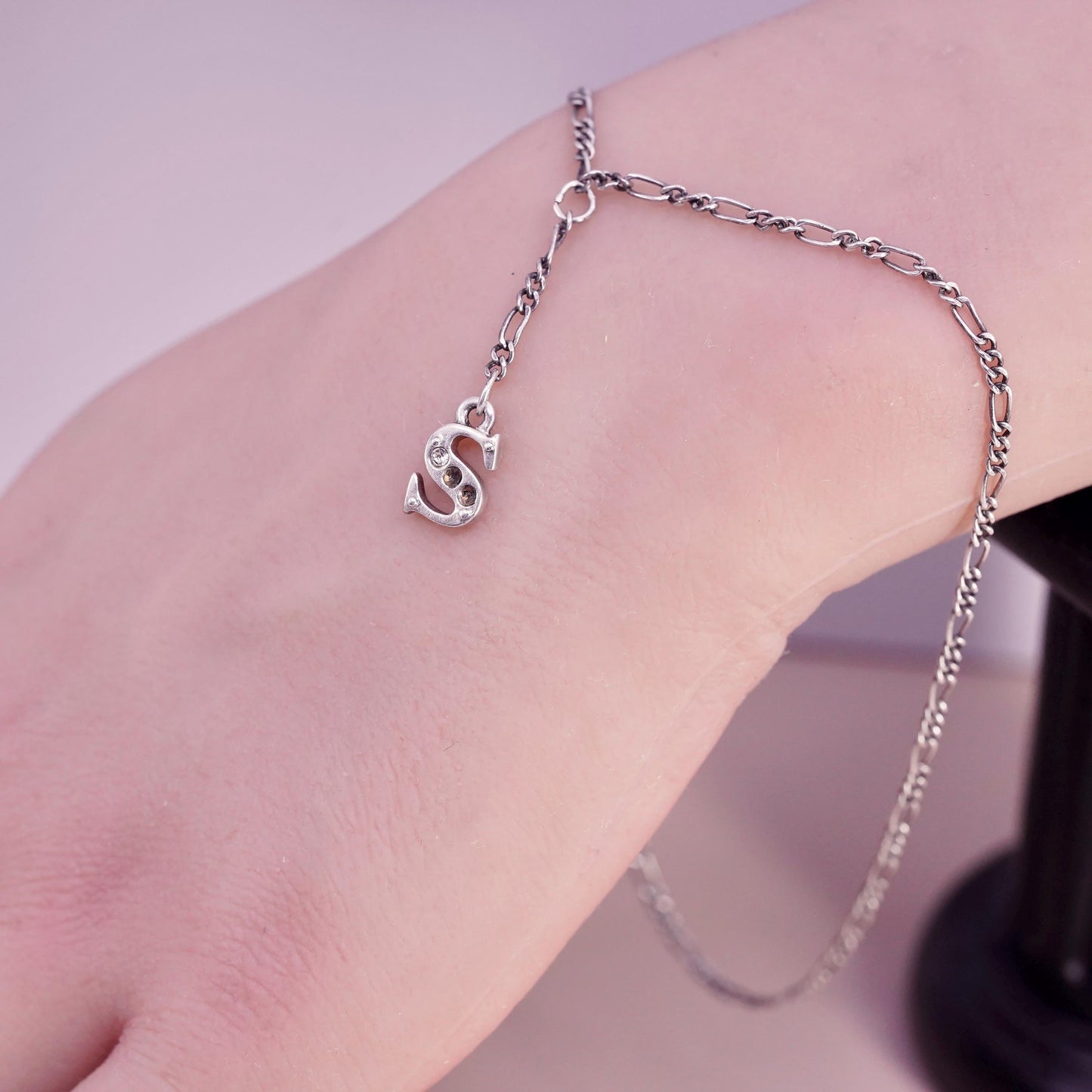 10.5", Italian Sterling 925 silver figaro chain anklet letter S heart charms