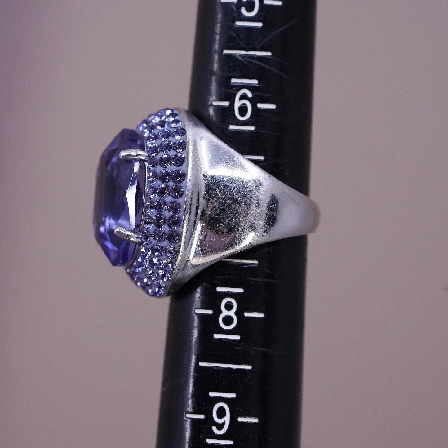 Size 7, vintage AU Sterling 925 silver Statement cocktail ring with amethyst Cz