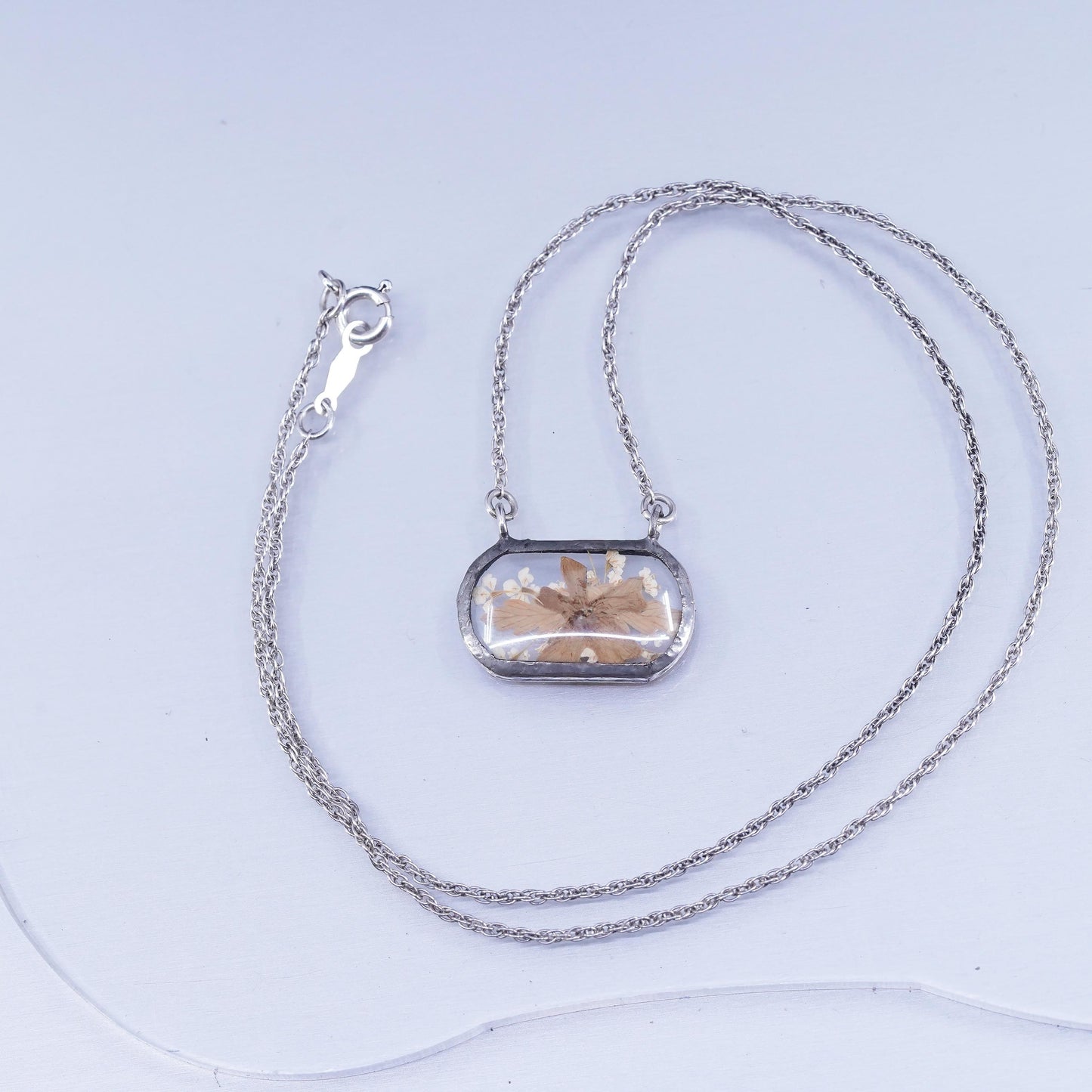 18”, sterling 925 silver Singapore rope chain necklace resin flower pendant