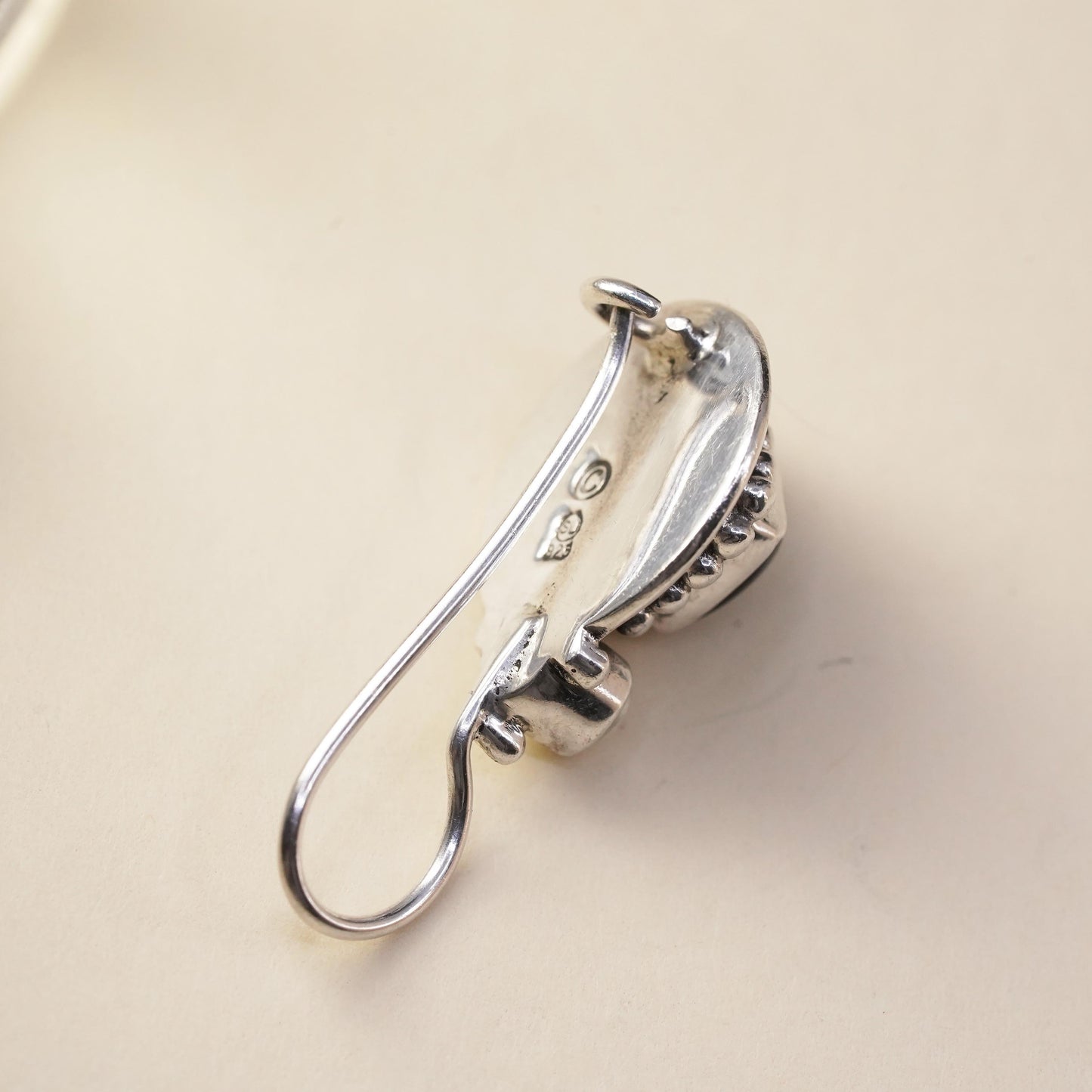 Vintage handmade single earring. Sterling 925 silver hook with onyx and pearl