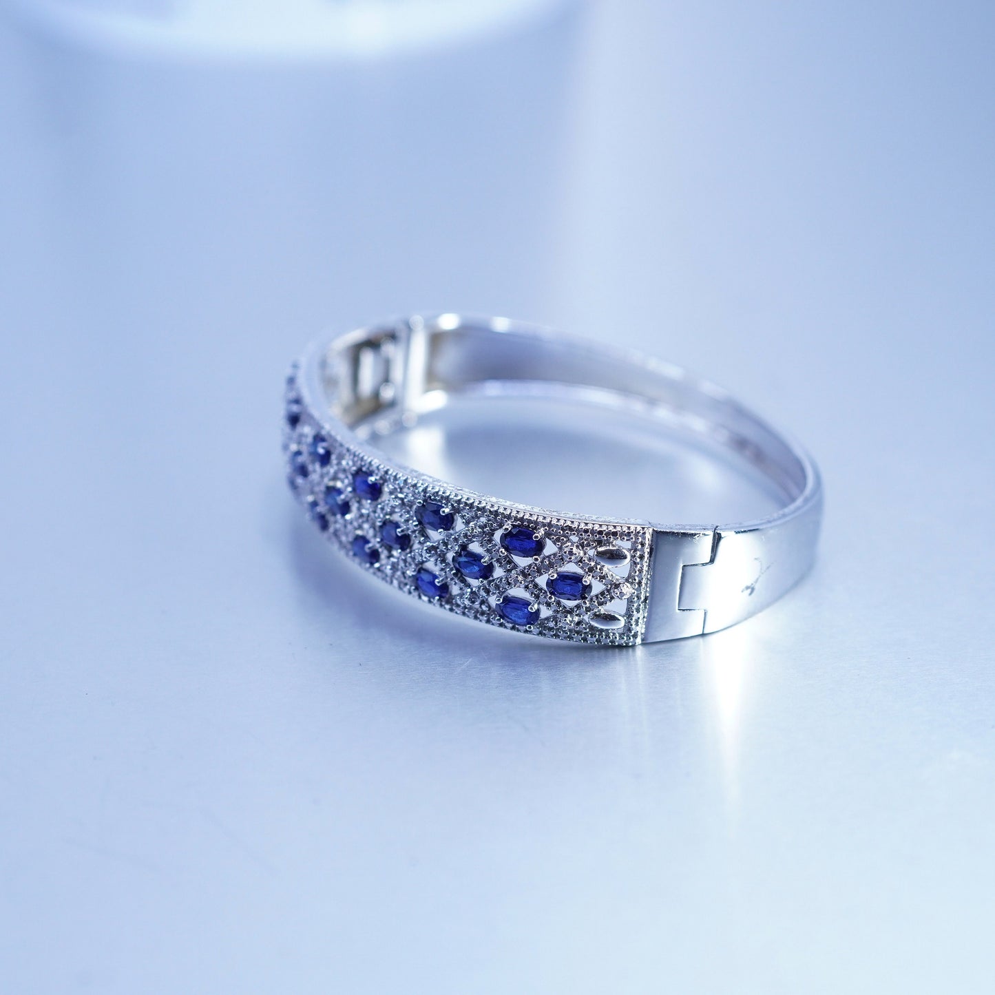 7”, Sterling 925 silver handmade bracelet, hinged bangle sapphire diamond