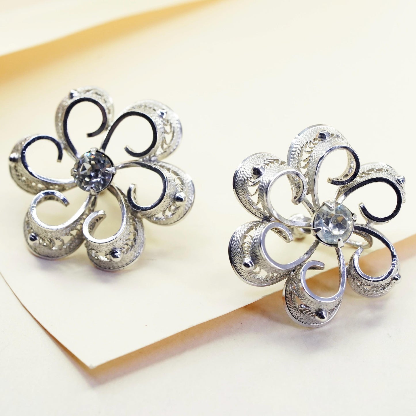 1950s sterling 925 silver earrings snowflake screw back earrings rhinestone
