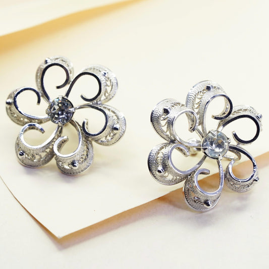 1950s sterling 925 silver earrings snowflake screw back earrings rhinestone