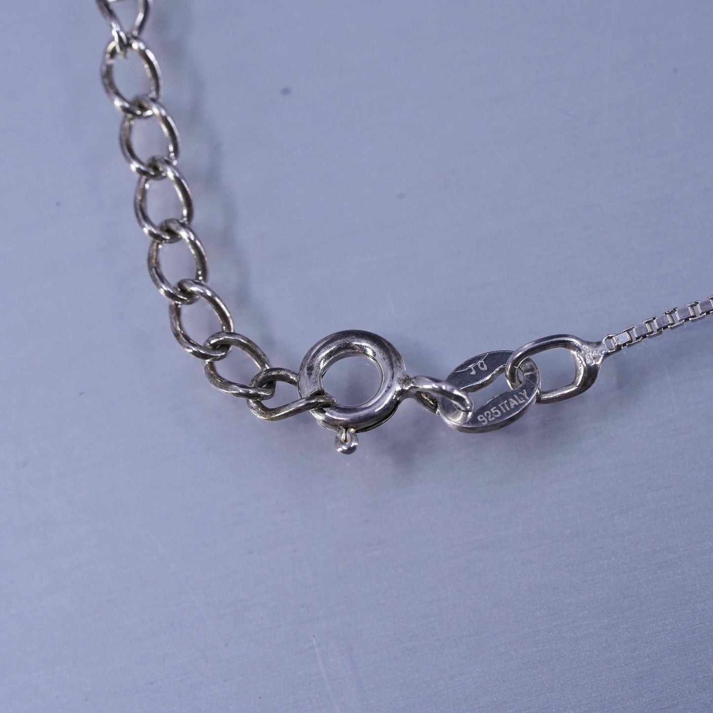 18+2”, vintage Sterling 925 silver box chain necklace with crystal pendant