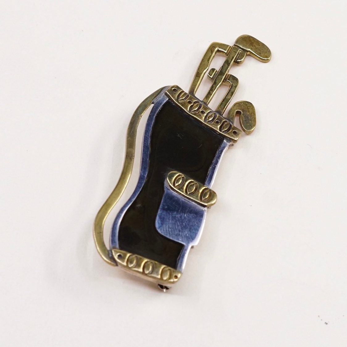Vintage two tone sterling silver golf cart bag brooch with black enamel Inlay, Mexico 925 silver handmade brooch, stamped Mexico 925