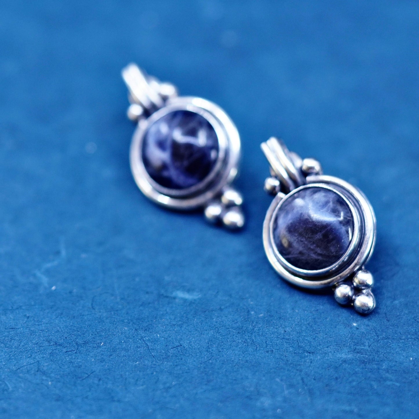 Vintage Sterling silver handmade earrings, 925 studs with round sodalite