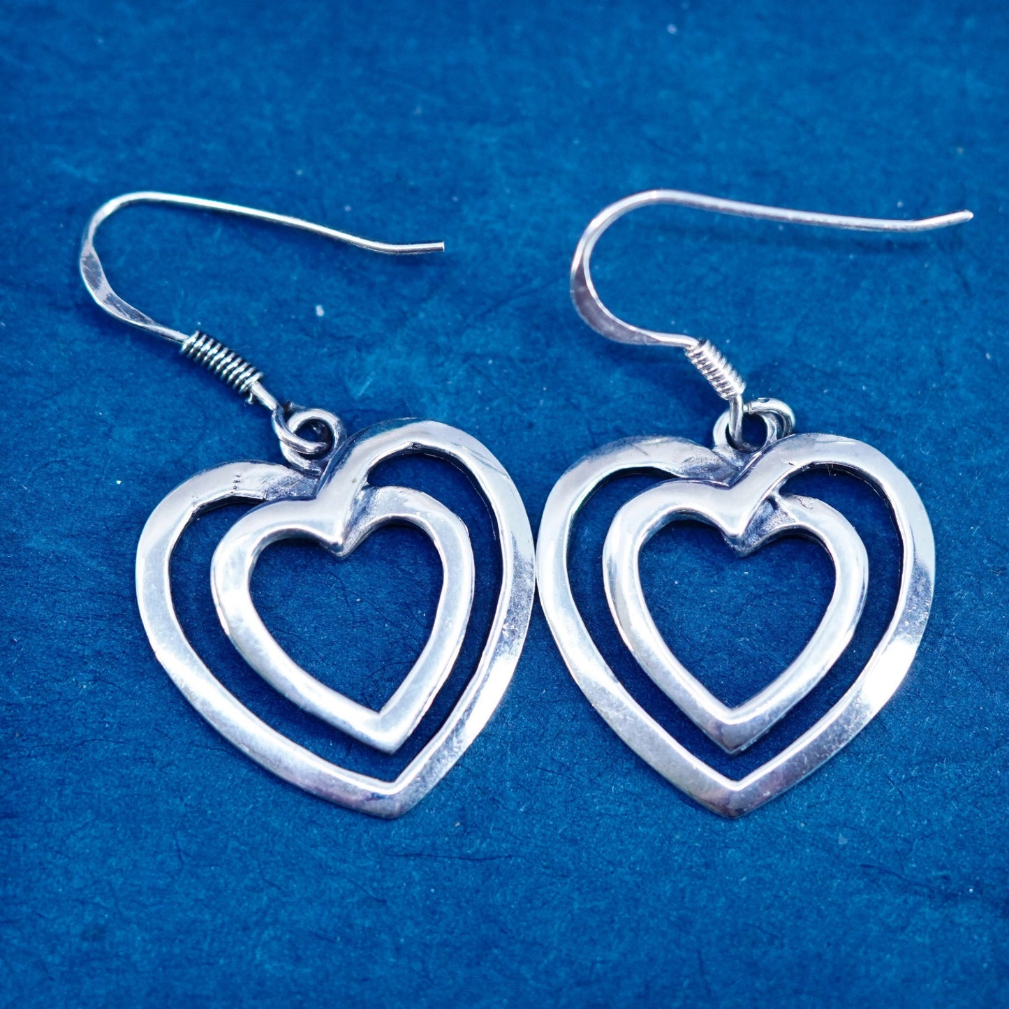 Vintage Sterling Silver handmade Earrings. 925 double heart dangles