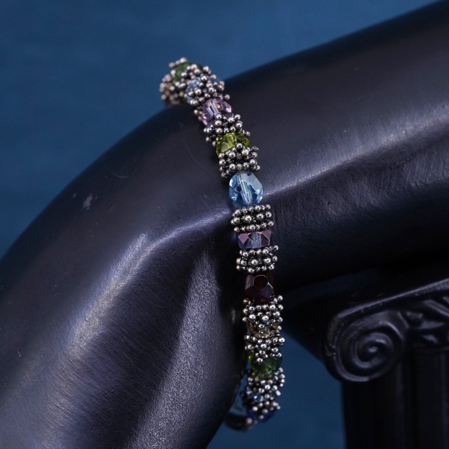 6.5", Sterling 925 silver bracelet with colorful crystal peridot garnet citrine