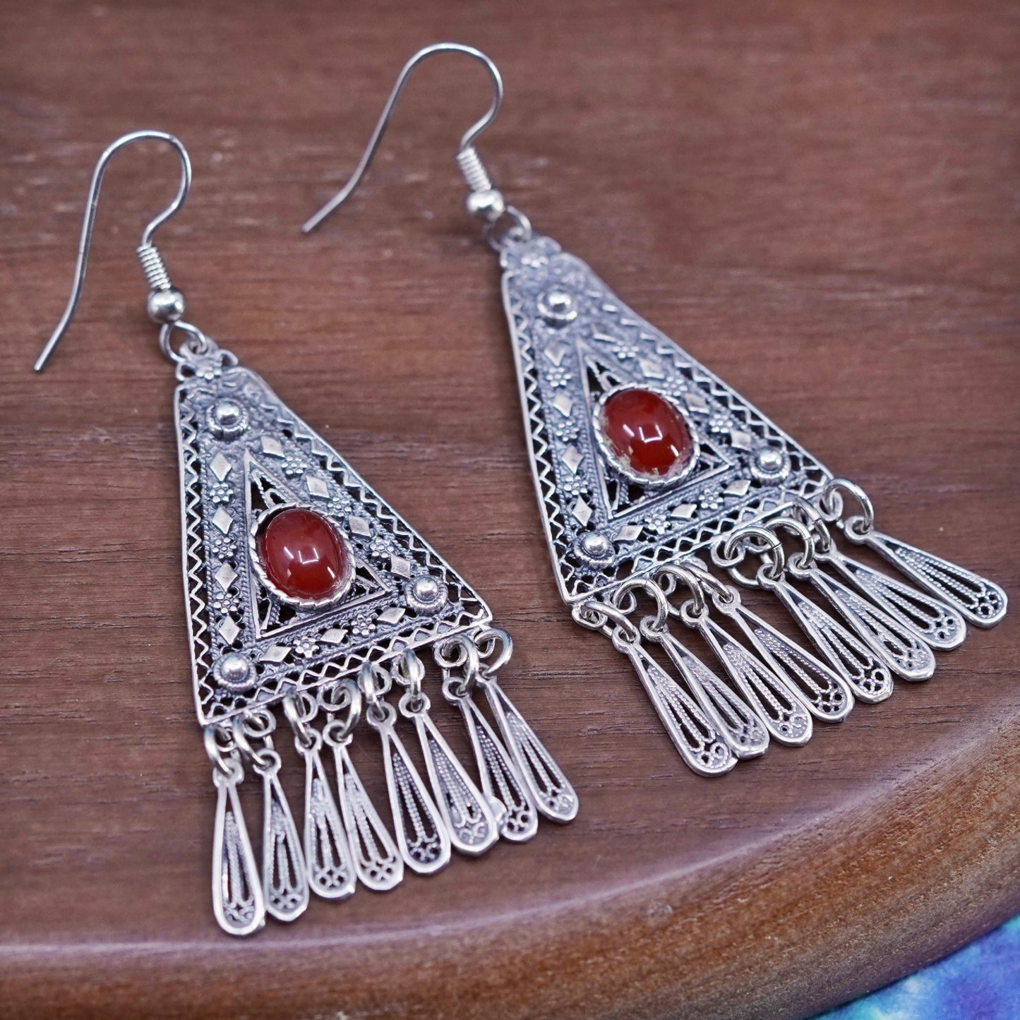 Vintage Sterling silver handmade earrings, 925 Filigree teardrops w/ carnelian