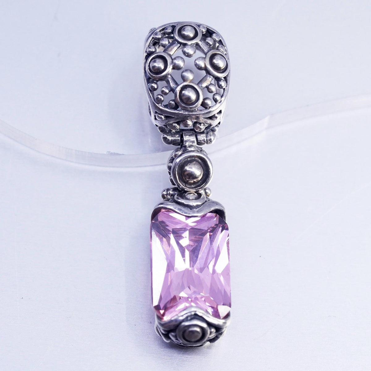 VTG Sterling 925 Silver Pink Faceted Crystal Dangle Pendant Charm, Ornate Bali