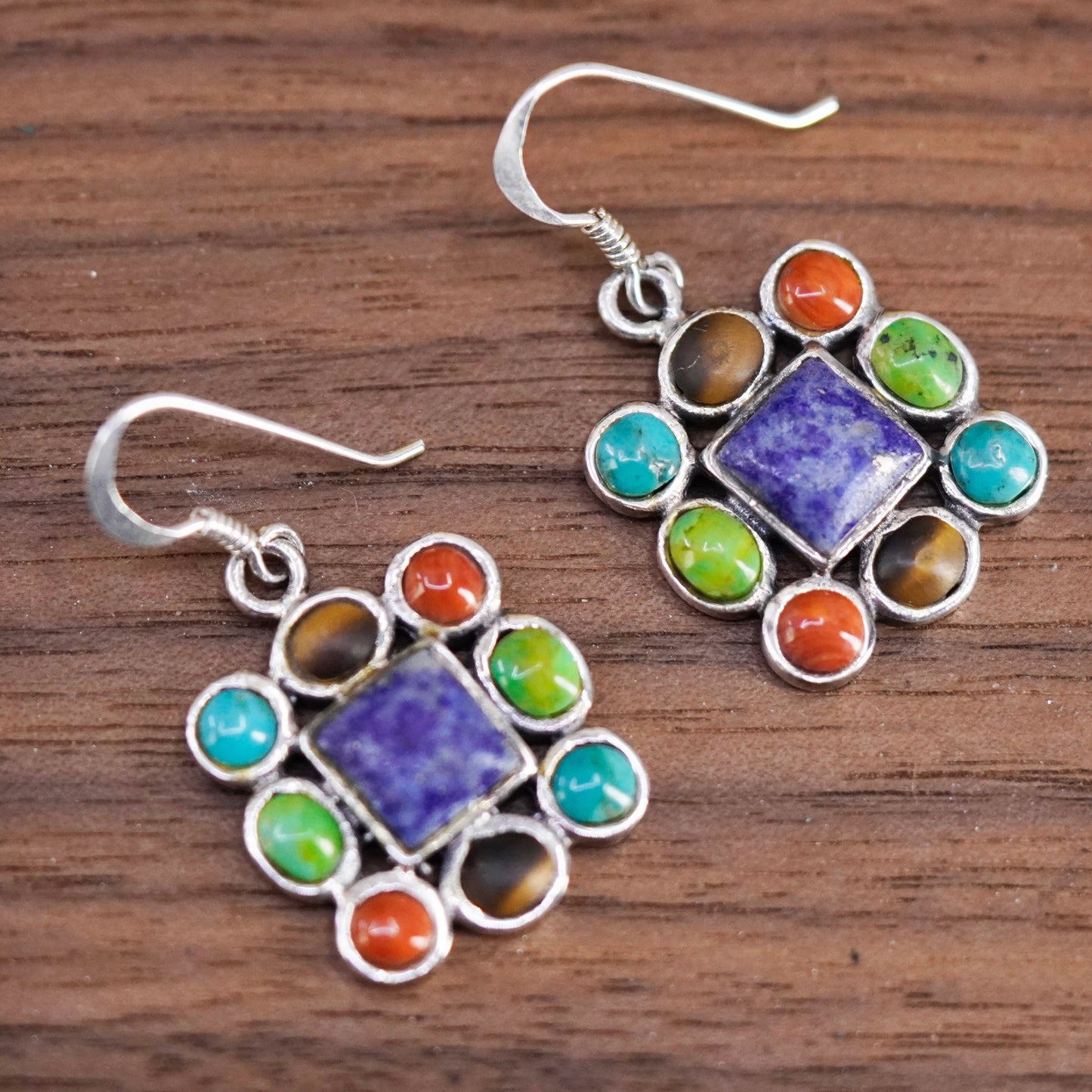 Sterling 925 silver handmade square earrings with Sodalite turquoise and coral