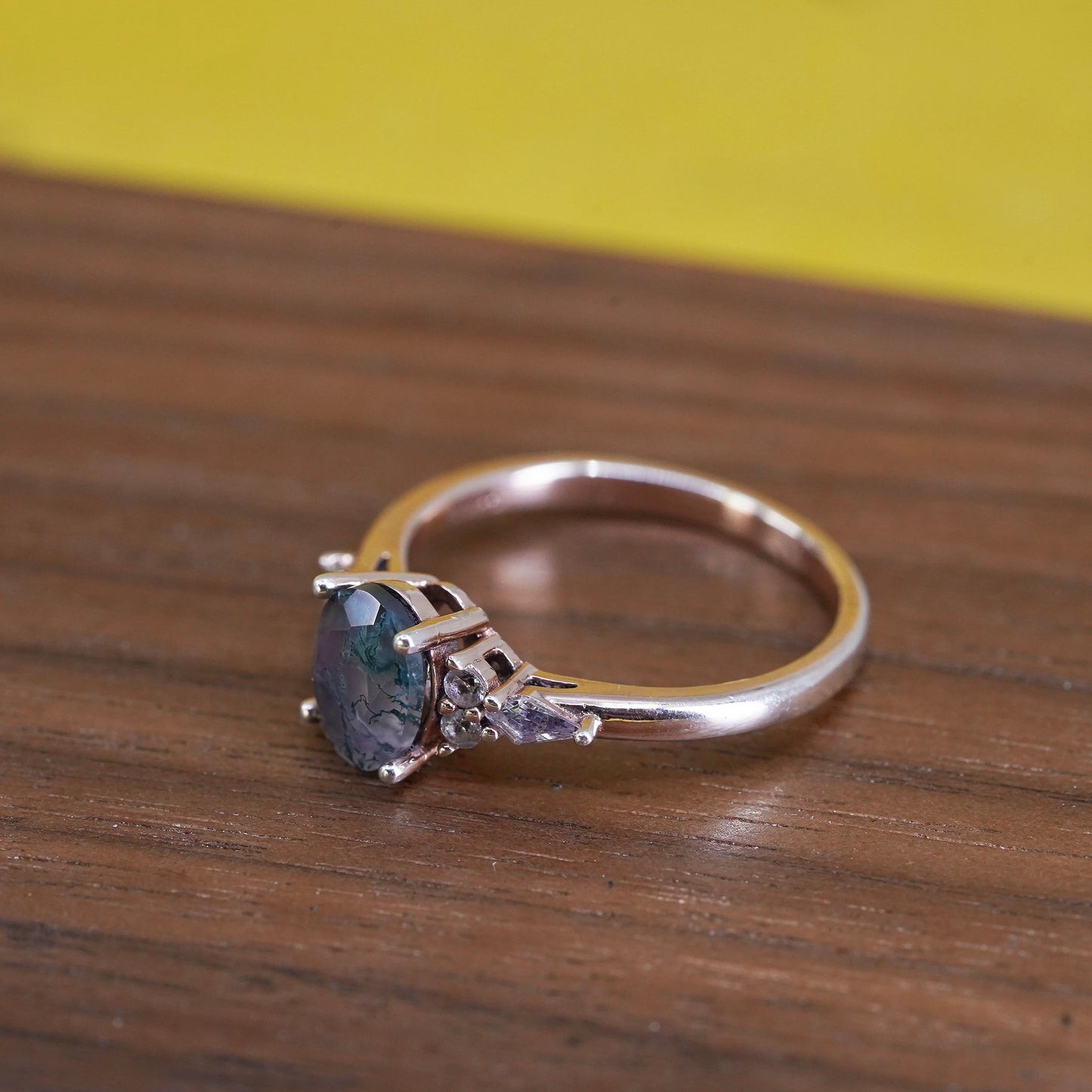 Size 8.25, vermeil rose gold Sterling 925 silver handmade ring with moss agate