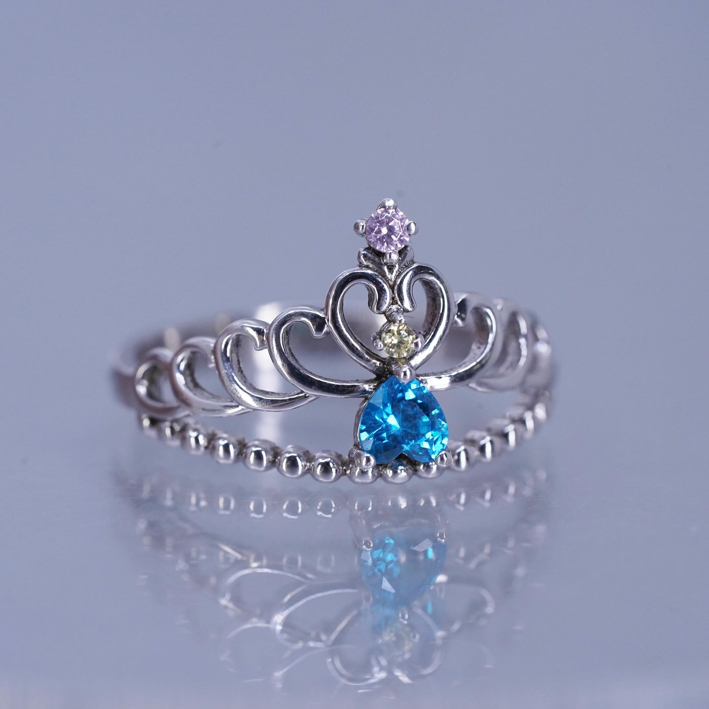 Size 7, Sterling 925 silver crown ring with blue topaz always my princess