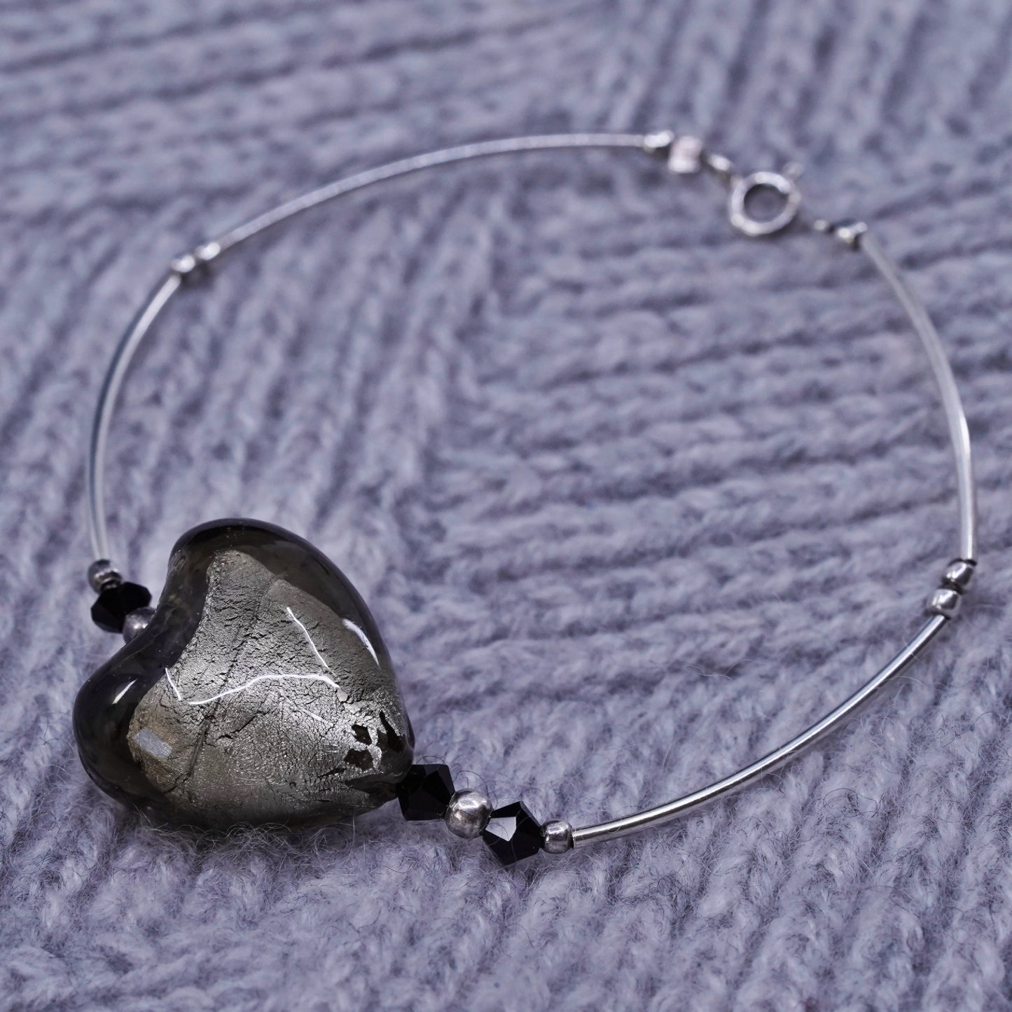 6.5", Vintage sterling 925 silver bracelet with foiled glass heart charm