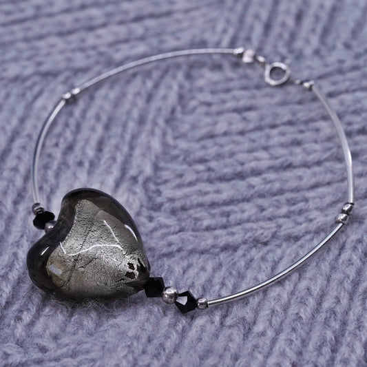 6.5", Vintage sterling 925 silver bracelet with foiled glass heart charm